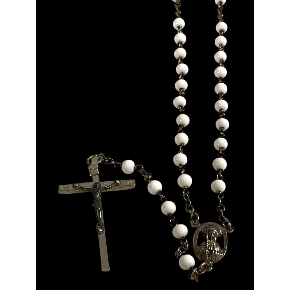 Vintage White Beaded Catholic Rosary Approximate 18"